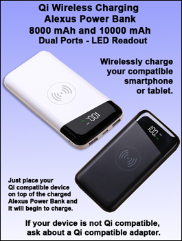 Super Slim Qi Wireless Charging Alexus Power Bank - Dual Ports - 8000 mAh or 10000